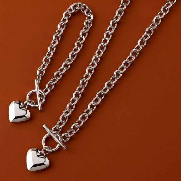 Jewelry - 2pc Set Titanium Steel Heart Charm Necklace & Bracelet Set - O-Chain Jewelry